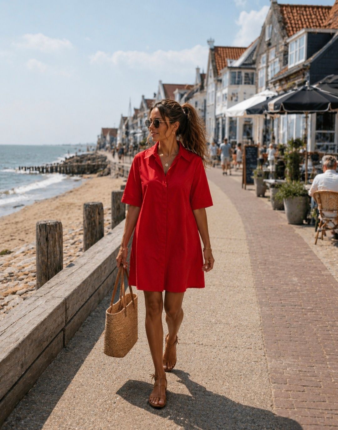 Rode Katoenen Jurk met Kraag-Comfortabele Zomerjurk Dames 