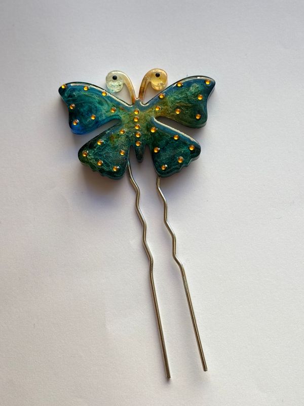 Horquilla pelo mariposa verde y azu