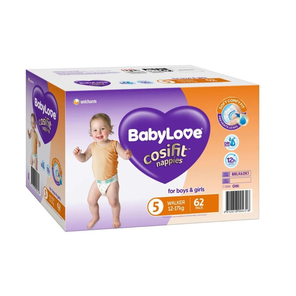 BABYLOVE COSIFIT WALKER NAPPY 12-17 KG (SIZE 5) 62 NAPPIES