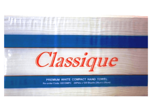 CLASSIQUE COMPACT HAND TOWEL WHITE 20CM X 25CM 120 SHEETS CTN 20