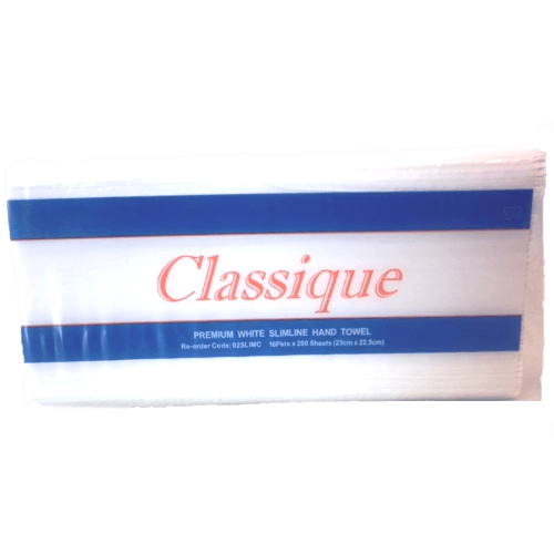 CLASSIQUE PREMIUM WHITE SLIMLINE HAND TOWEL 23CM X 22.5CM 200 SHEETS CTN 16