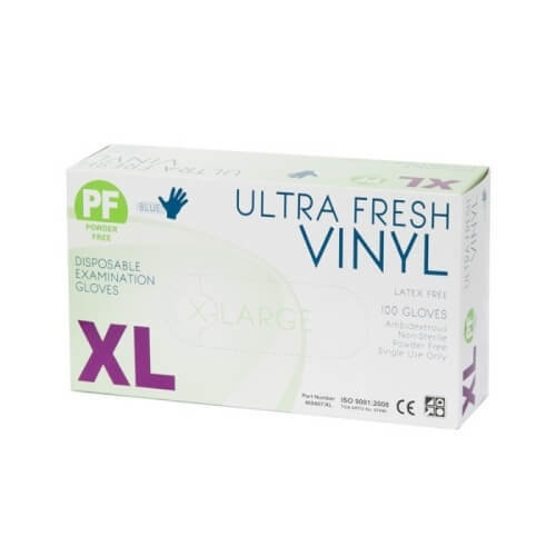 ULTRA FRESH BLUE VINYL POWDER FREE EXAM GLOVES SIZES: S \ M \ L \ XL