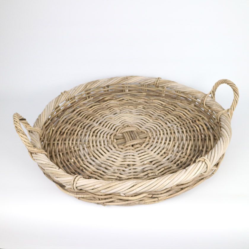 RATTAN ROUND TABLE TRAY W/HANDLES GREY
