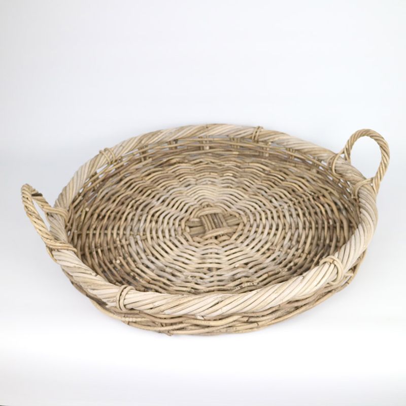 RATTAN ROUND TABLE TRAY W/HANDLES GREY