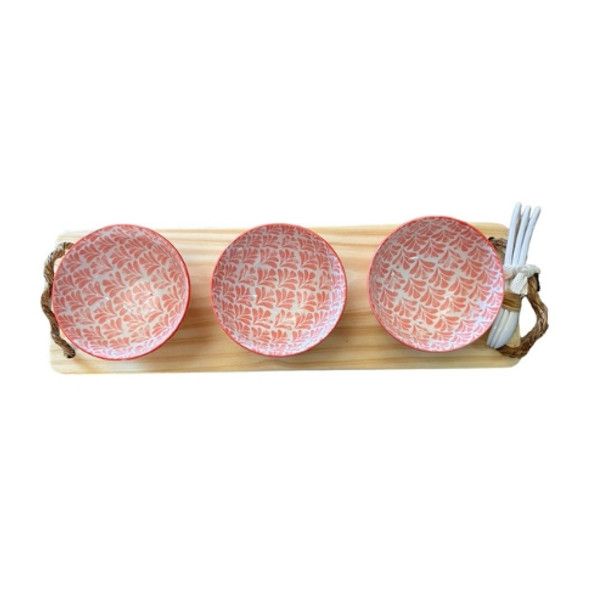 WOOD PLATTER 3 BOWLS-LIGHT RED FEATHER BOW