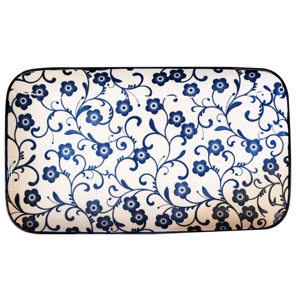 CERAMIC RECTANGULAR PLATTER NAVY FLOWERS