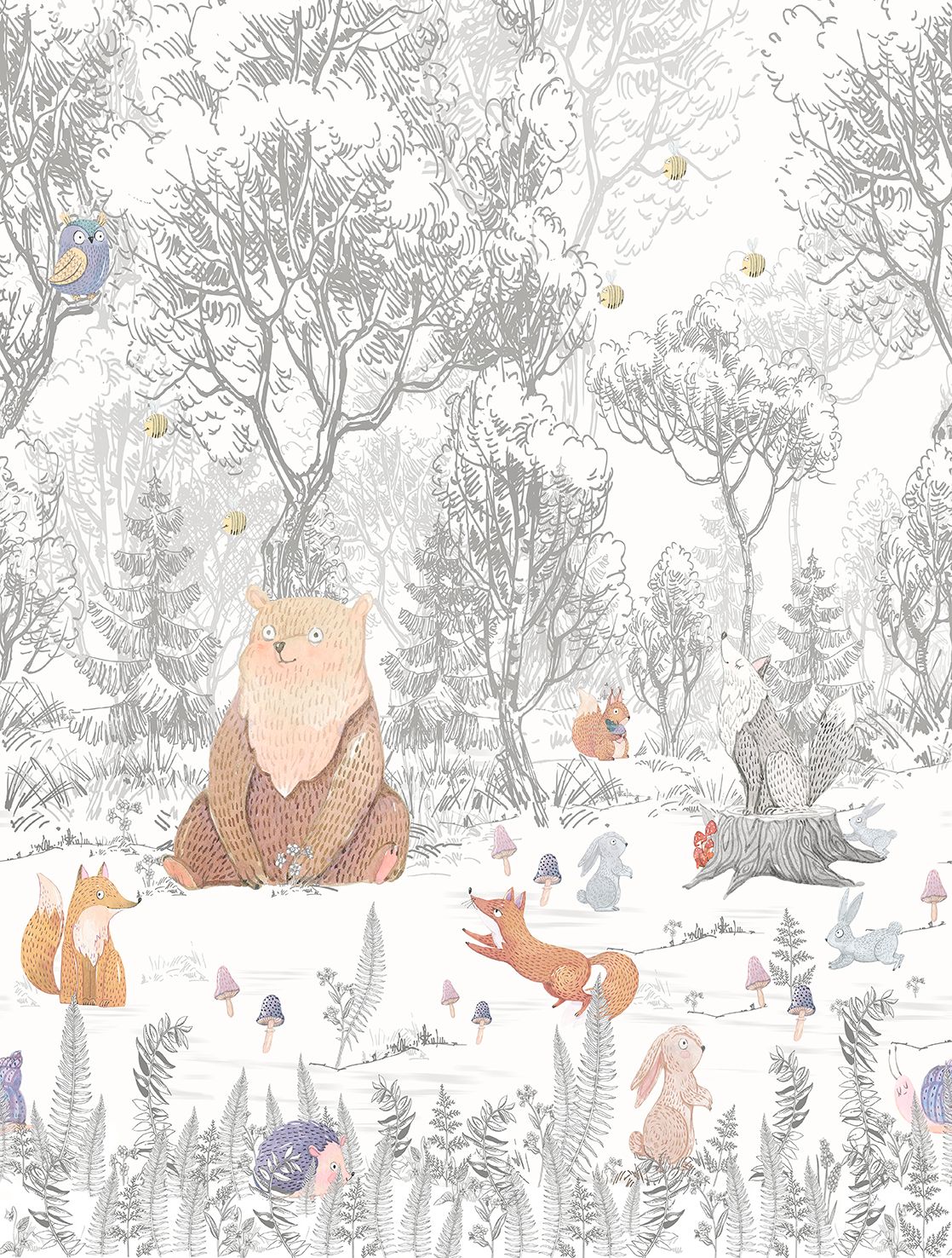 Poster-vliesbehang Cute Walls- Forest Animals 212x280cm CW6043-1