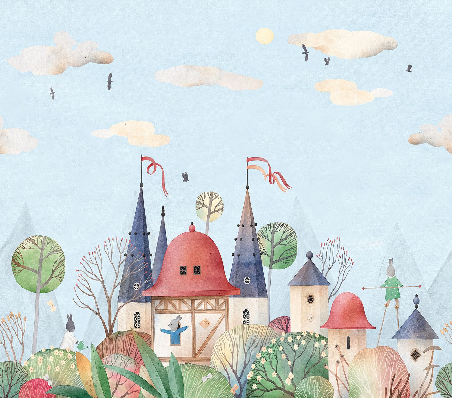 Poster-vliesbehang Cute Walls- Woodlnd Bunnies 318x280cm CW6007-1