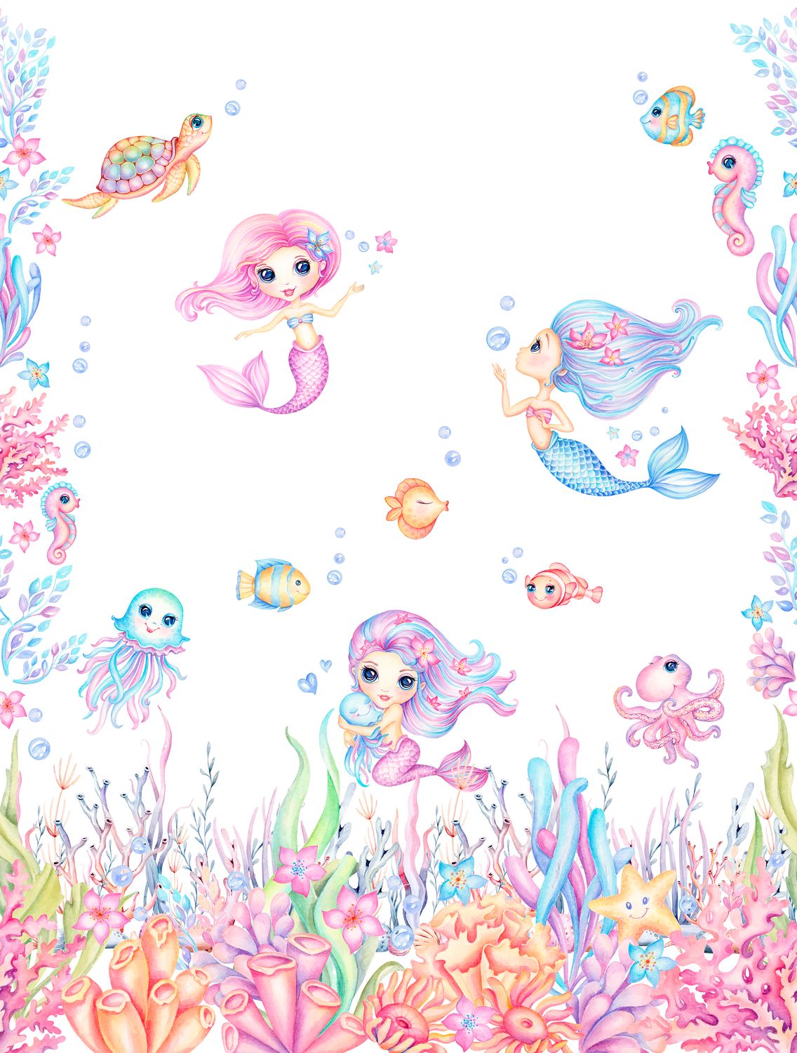 Poster-vliesbehang Cute Walls- Little Mermaids 212x280cm CW6059-1