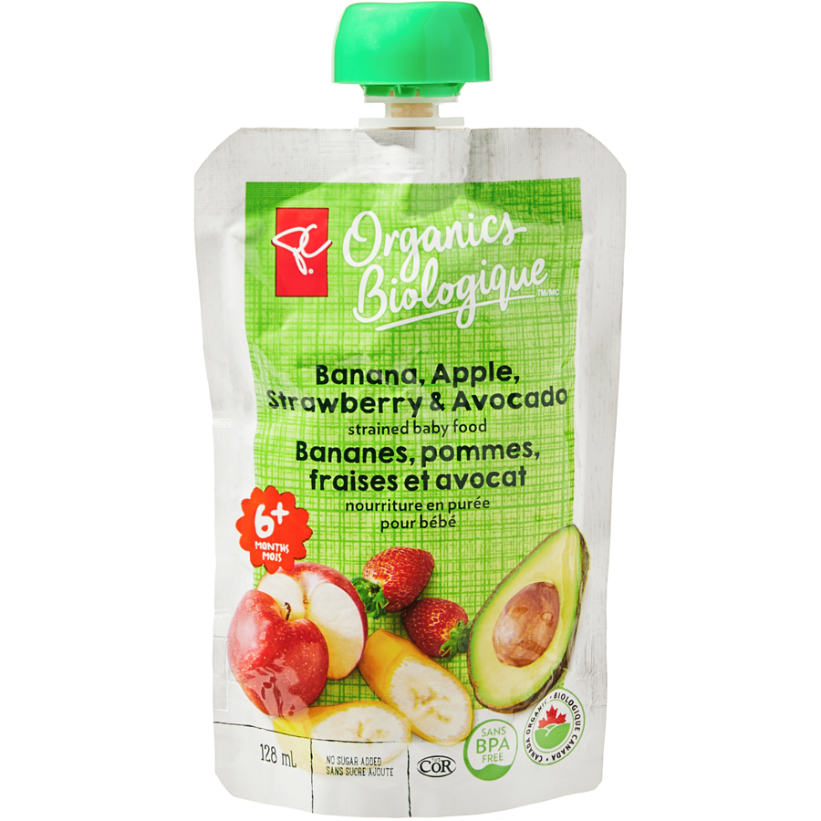Alimento colado orgánico para bebés de plátano, manzana, fresa y aguacate