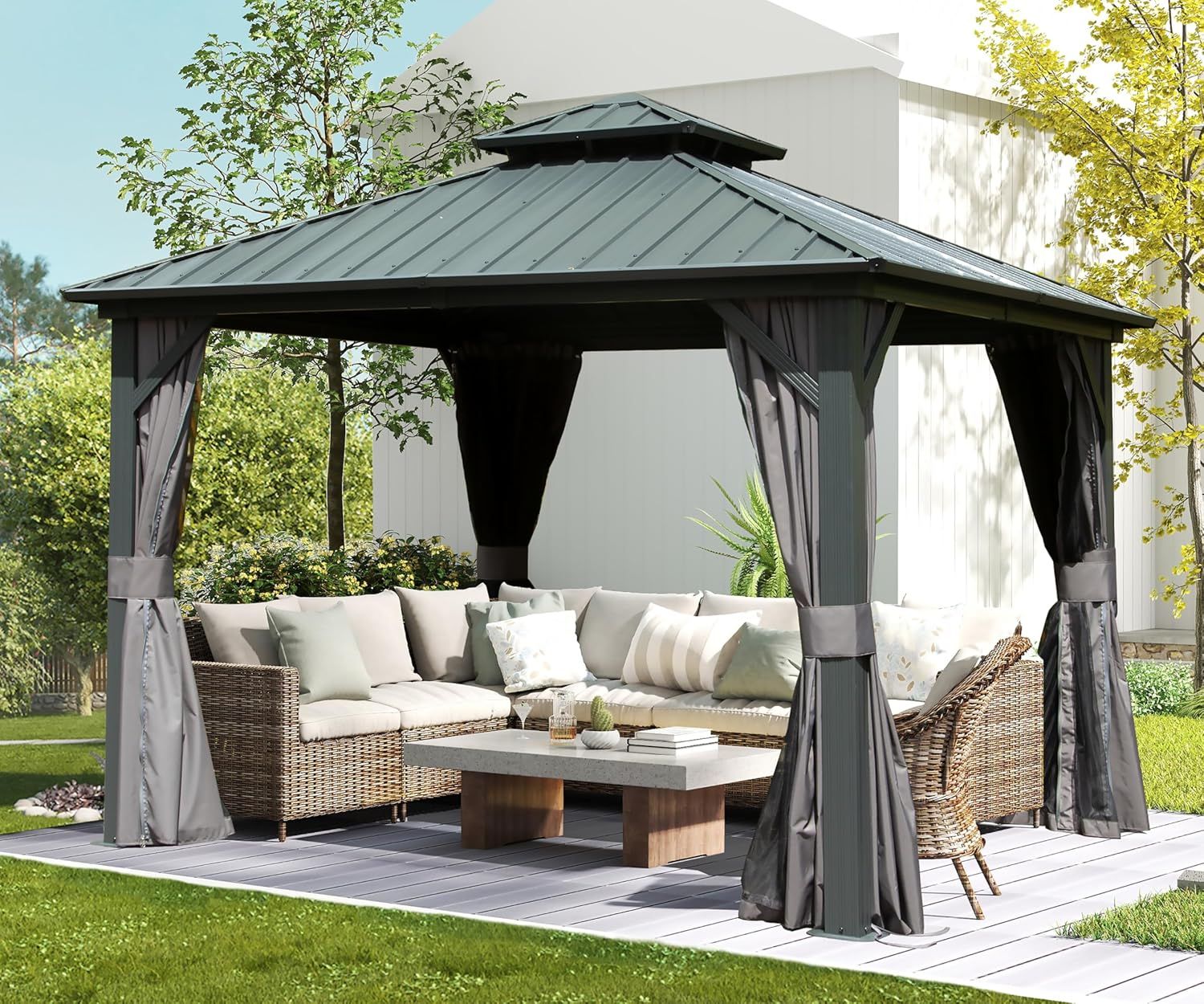 Domi 10&#39;x10&#39; Hardtop Gazebo, Outdoor Metal Gazebo with Galvanized Steel Double Roof