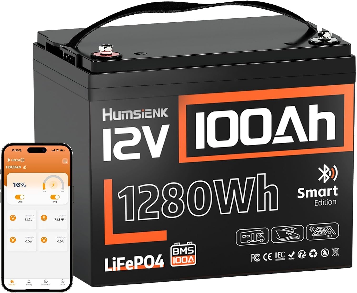 HumsiENK 12V 100Ah LiFePO4 Lithium Battery with Bluetooth
