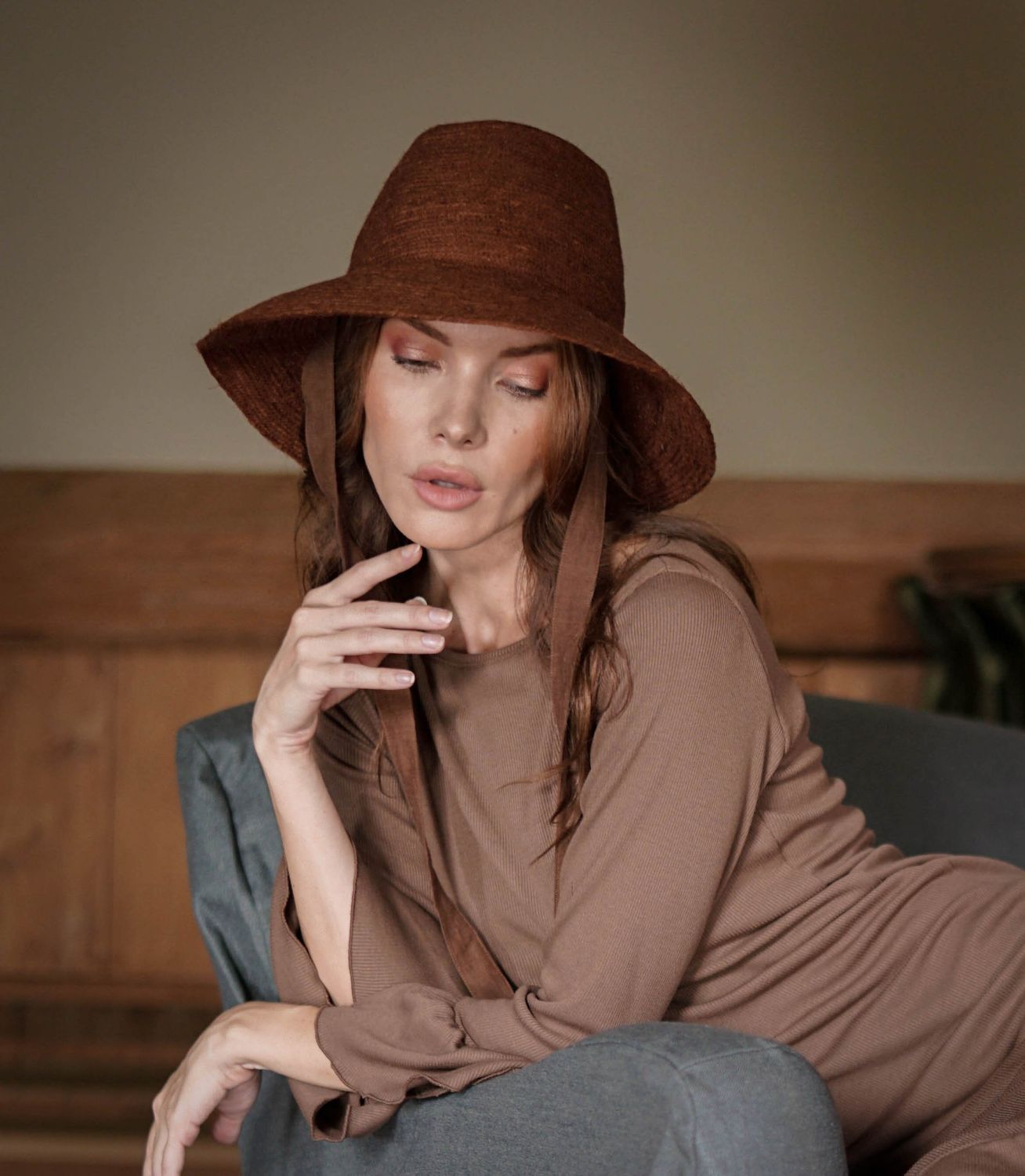 Jute Straw Hat In Burnt Sienna