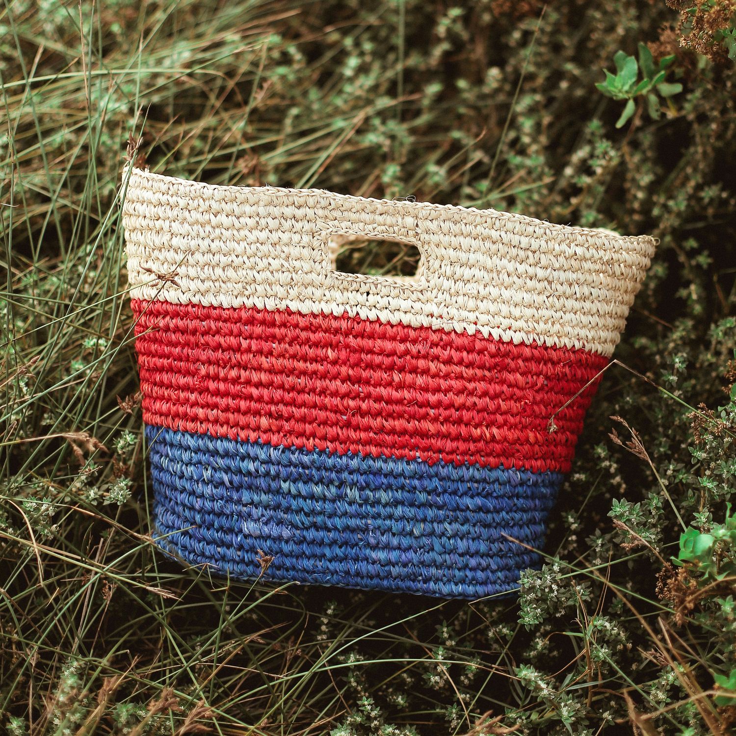 Raffia Tote Bag, in Red &amp; Blue, Size: One size, Color: Red &amp; Blue, Material: Raffia straws