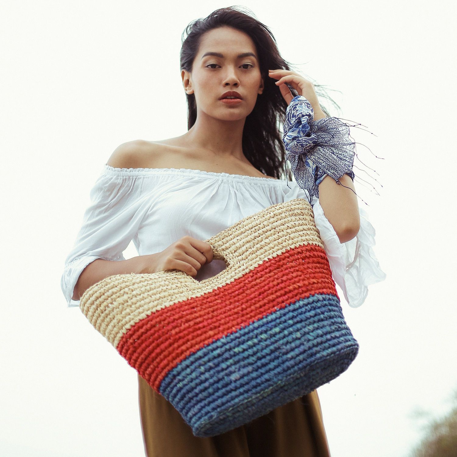 Raffia Tote Bag, in Red &amp; Blue
