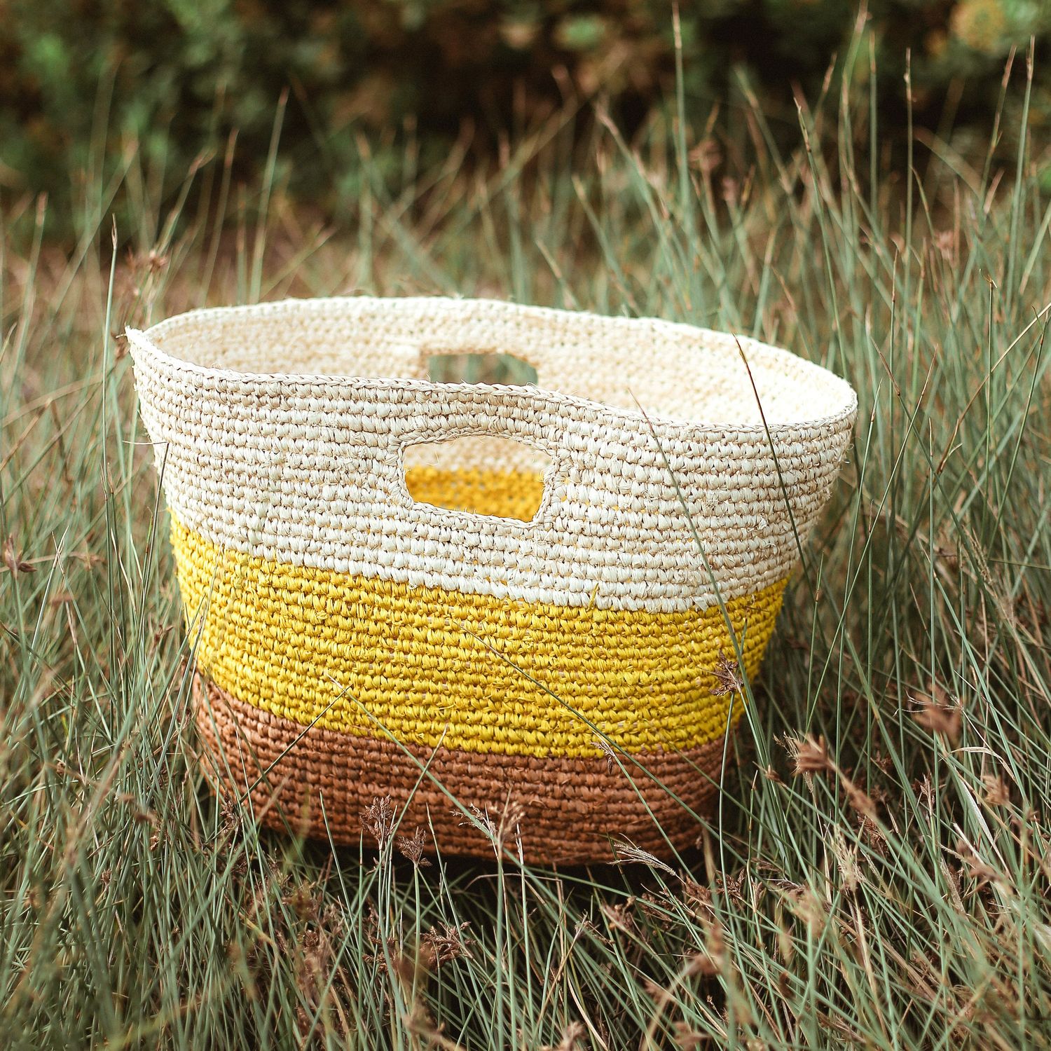 Raffia Tote Bag, in Yellow &amp; Beige