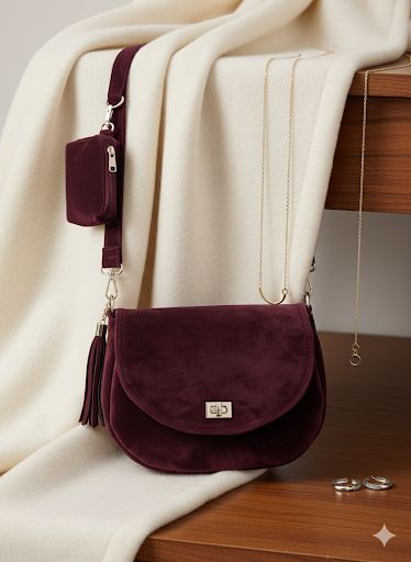 Półokrągła burgundowa listonoszka z klapką.