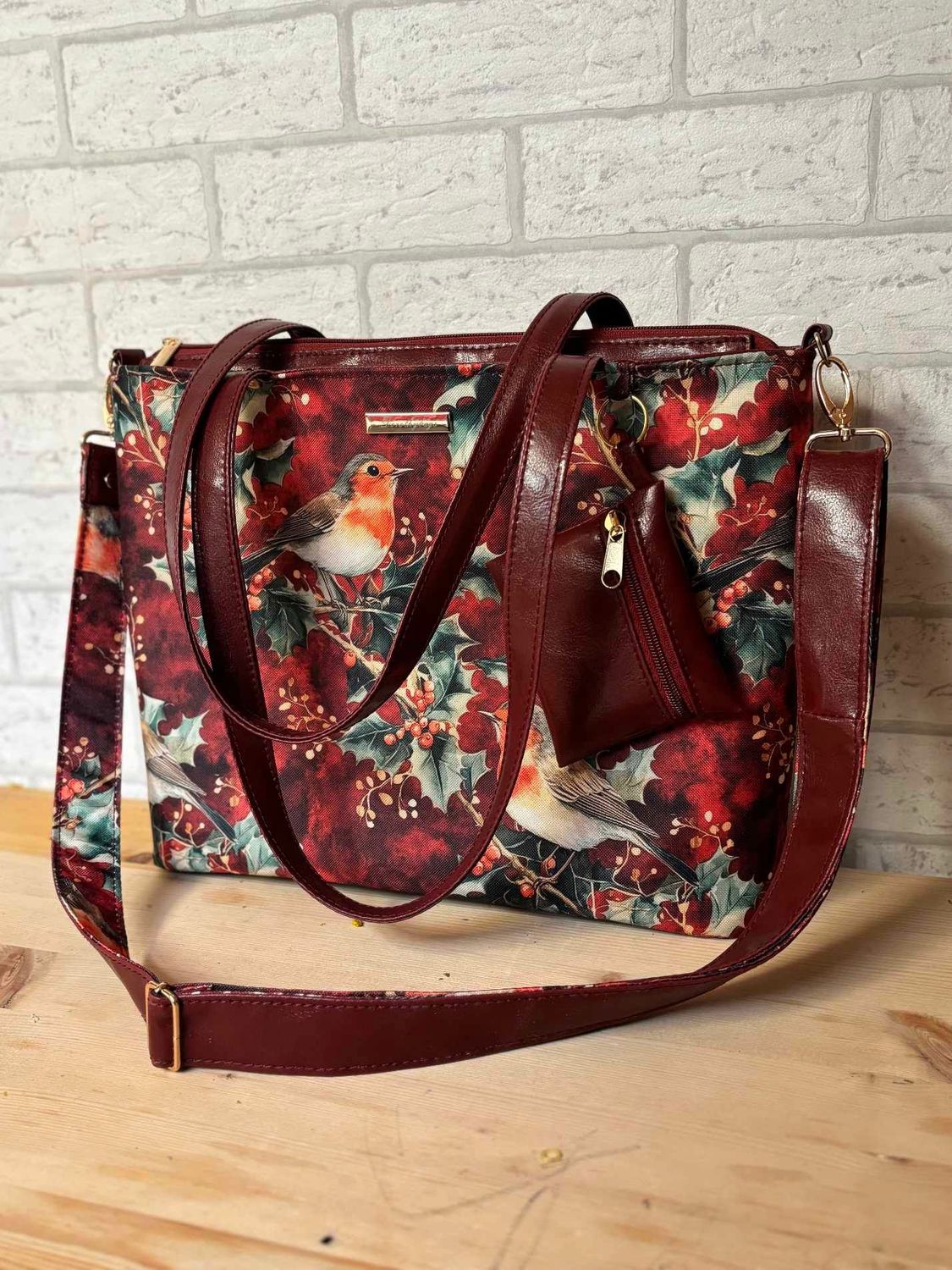 Torebka zimowa ptaki bordo