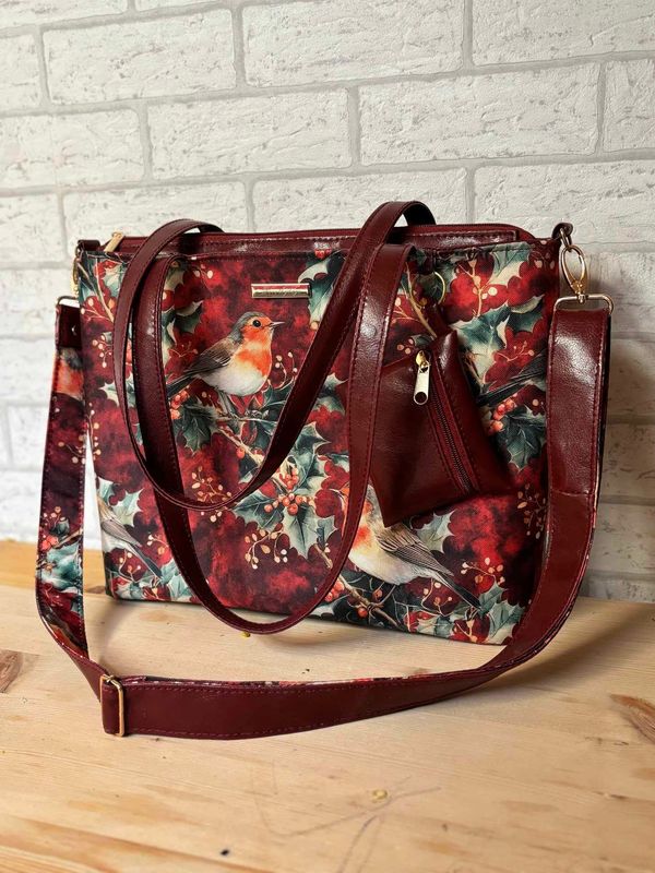 Torebka zimowa ptaki bordo