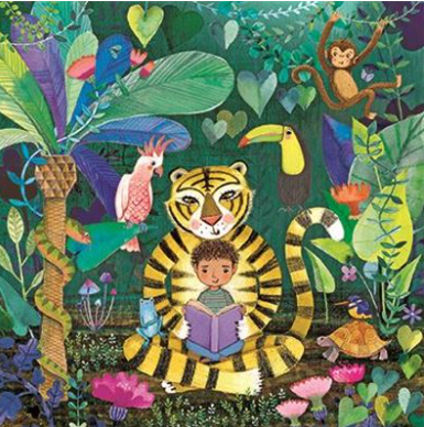 Carte d&#39;anniversaire enfant lecture avec le tigre