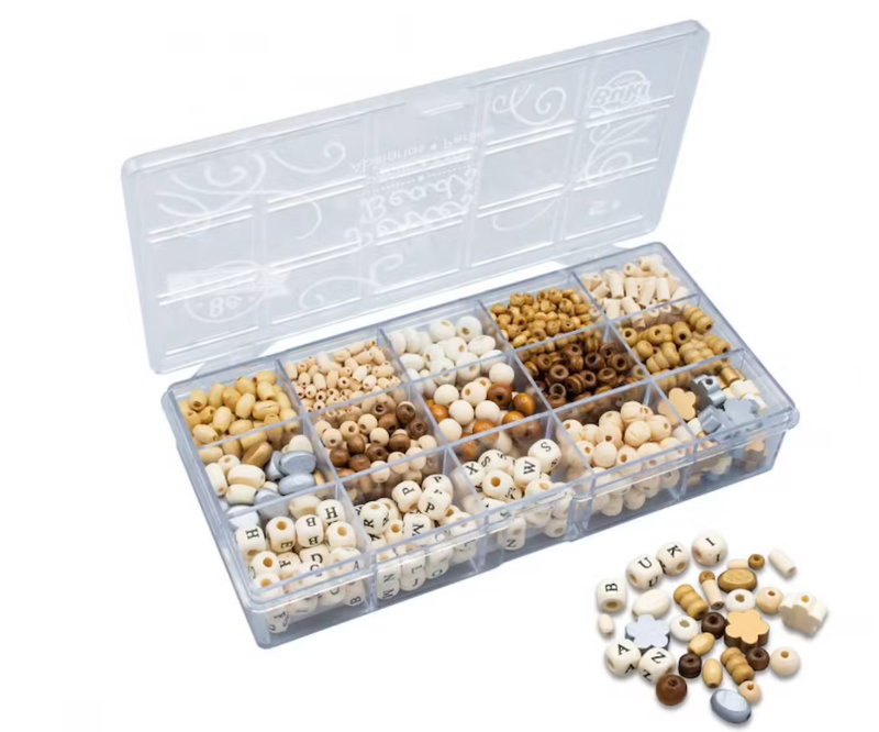 Boîte de perles en bois naturel