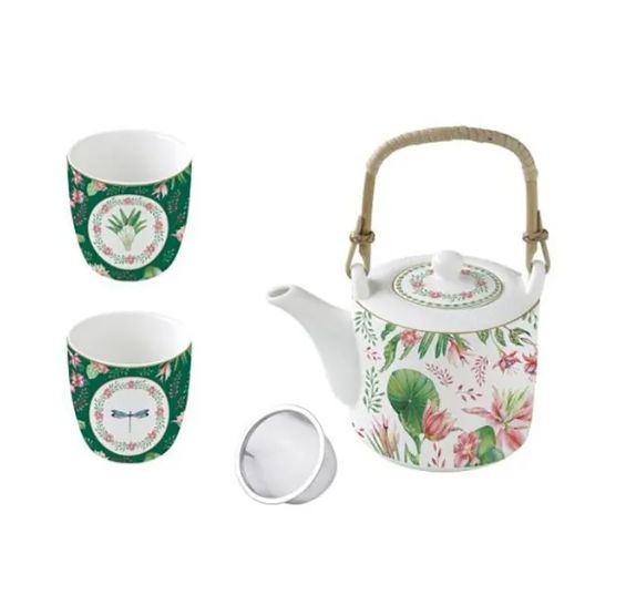 Coffret théière avec filtre et 2 tasses en porcelaine fine , Botanic Chic