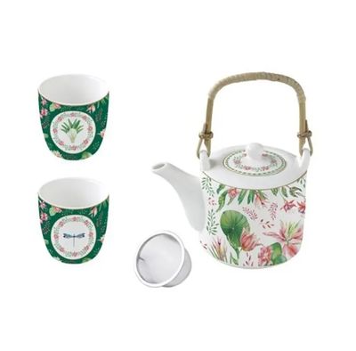 Coffret théière avec filtre et 2 tasses en porcelaine fine , Botanic Chic