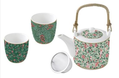 Théière avec filtre et 2 tasses en porcelaine fine, Fantasy floral