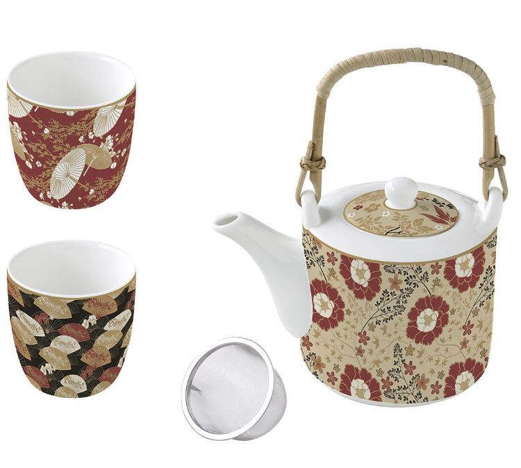 Coffret théière avec filtre et 2 tasses en porcelaine fine, Kimono