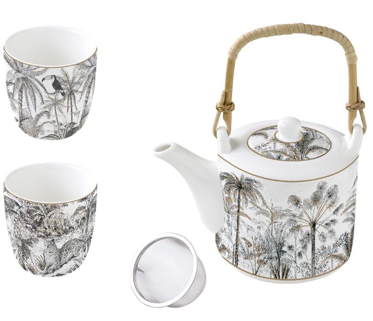 Coffret théière avec filtre et 2 tasses en porcelaine fine, Rétro jungle