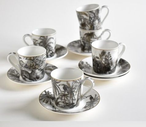 Coffret de 6 tasses à café en porcelaine fine, Rétro Jungle