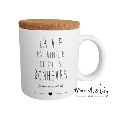 Mug avec son couvercle en liège "La vie est remplie de p'tits bonheurs"