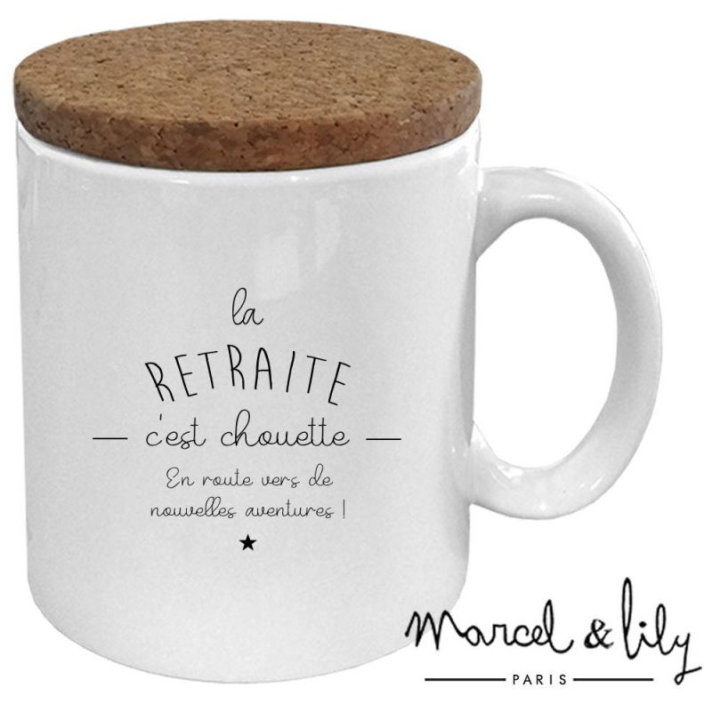 Mug avec son couvercle en liège "La retraite c'est chouette"