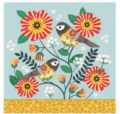 Carte d'anniversaire oiseaux et fleurs
