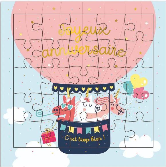 Carte puzzle joyeux anniversaire licornes en mongolfière