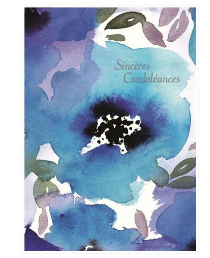 Carte sincères condoléances fleurs bleues à l'aquarelle