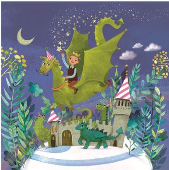 Carte d'anniversaire enfant prince sur ron dragon