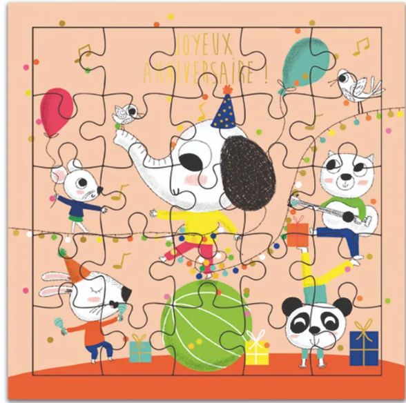 Carte puzzle joyeux anniversaire éléphants