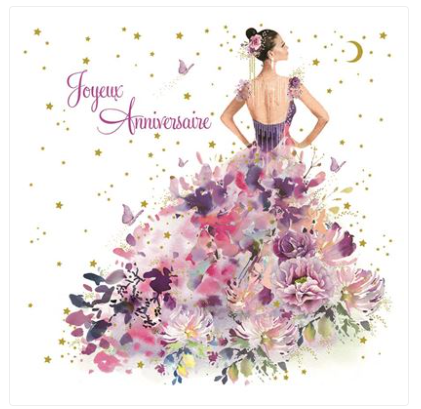 Carte d'anniversaire femme robe de fleurs