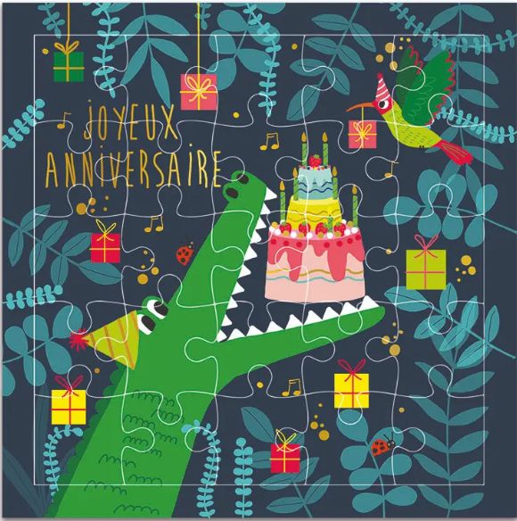 Carte puzzle anniversaire croco
