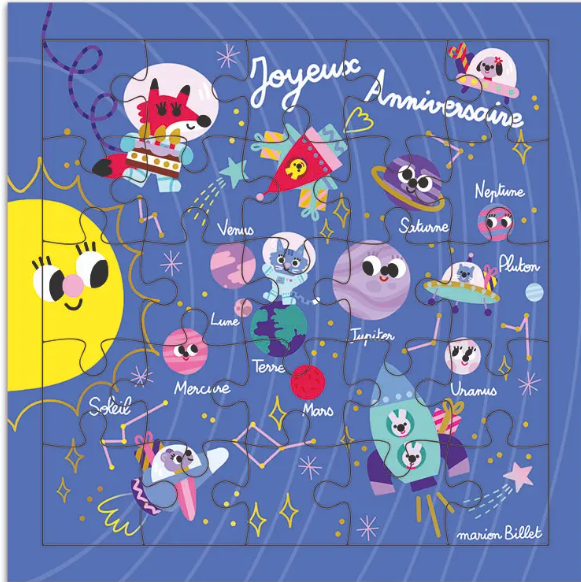 Carte puzzle anniversaire cosmos girly