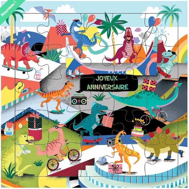 Carte puzzle joyeux anniversaire dinos skatepark