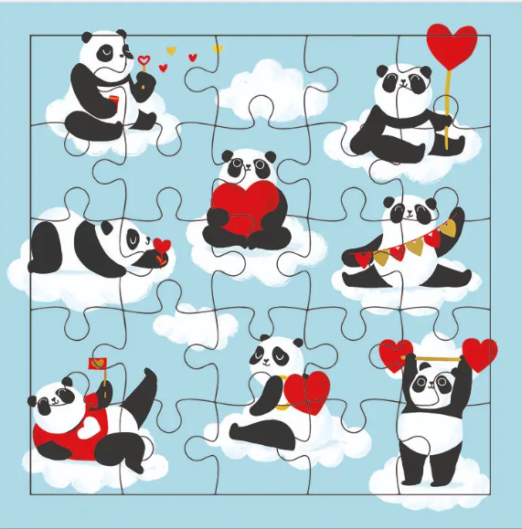 Carte puzzle joyeux anniversaire pandas avec des coeurs