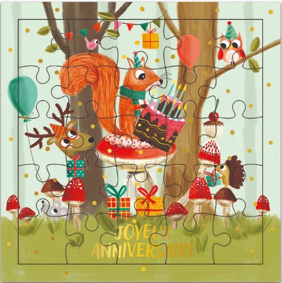 Carte puzzle joyeux anniversaire animaux de la forêt
