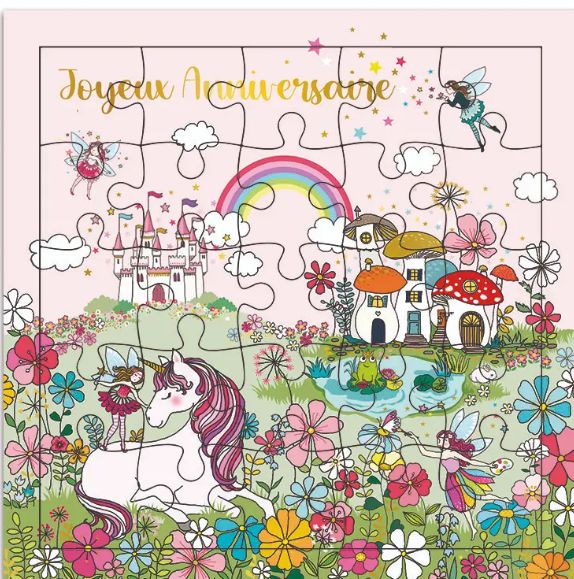 Carte puzzle joyeux anniversaire fées et licornes