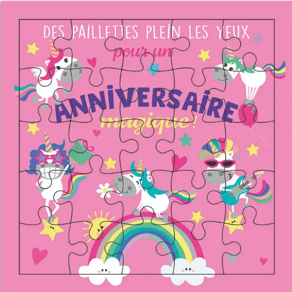 Carte puzzle joyeux anniversaire licornes et paillettes