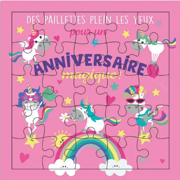 Carte puzzle joyeux anniversaire licornes et paillettes