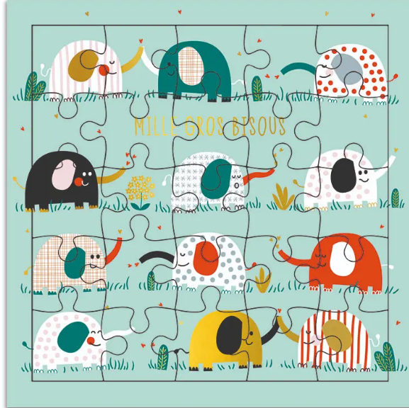 Carte puzzle joyeux anniversaire mille bisous éléphants