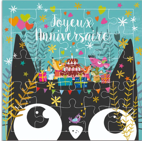 Carte puzzle joyeux anniversaire chat et souris