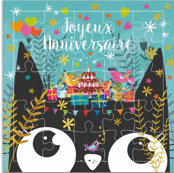 Carte puzzle joyeux anniversaire chat et souris